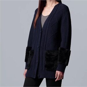 NWT Simply Vera Navy Blue Button Front Cardigan w/Fur Accents Womens M sweater